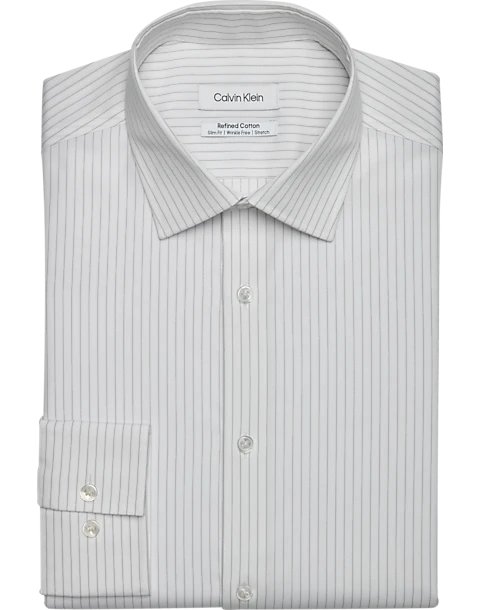 Calvin Klein Refined Cotton Stretch Supima Slim Fit Dress Shirt, Gray Stripe 1 Calvin Klein Refined Cotton Stretch Supima Slim Fit Dress Shirt, Gray Stripe
