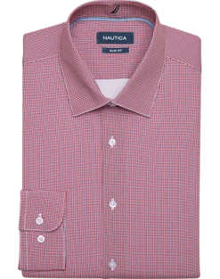 Nautica Slim Fit Four-Way Stretch Dress Shirt, Red Micro Check