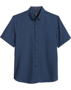 Michael Strahan Modern Fit 4-Way Stretch Short Sleeve Sport Shirt, Navy Square Check