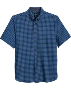 Michael Strahan Modern Fit 4-Way Stretch Short Sleeve Sport Shirt, Blue Check