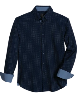 Michael Strahan Modern Fit Spread Collar Four-Way Stretch Sport Shirt, Navy Mini Triangle Dot