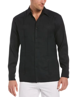 Cubavera Modern Fit Linen Guayabera Shirt, Black