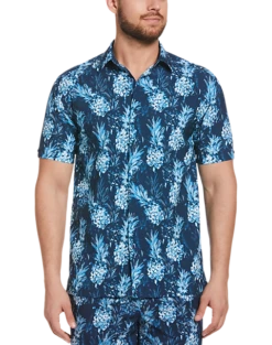 Cubavera Modern Fit 4-Way Stretch Sport Shirt, Blue Pineapple Print
