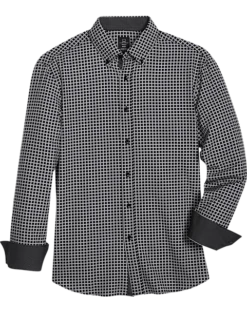 Michael Strahan Modern Fit Four-Way Stretch Sport Shirt, Black Grid