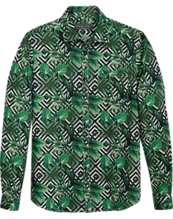 Paisley & Gray Slim Fit Spread Collar Sport Shirt, Green Italian Palm Print