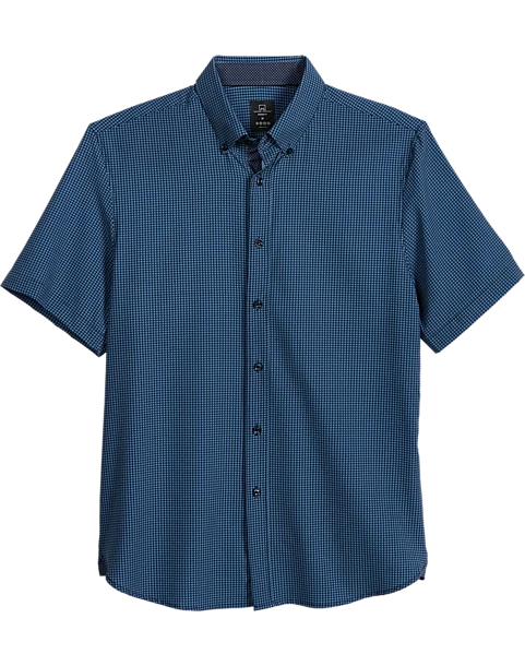 Michael Strahan Modern Fit Short Sleeve Sport Shirt, Navy Check 3-D Check 1 Michael Strahan Modern Fit Short Sleeve Sport Shirt, Navy Check 3-D Check
