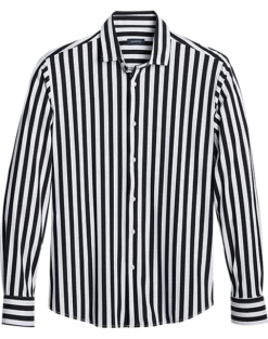 Zanetti Modern Fit Spread Collar Sport Shirt, Black And White Stripe
