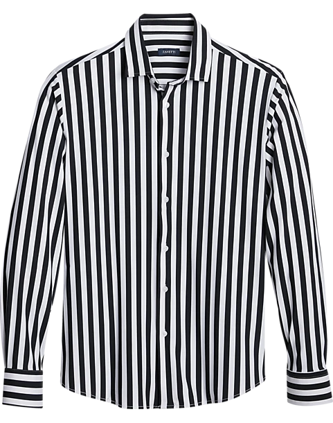 Zanetti Modern Fit Spread Collar Sport Shirt, Black And White Stripe 1 Zanetti Modern Fit Spread Collar Sport Shirt, Black And White Stripe