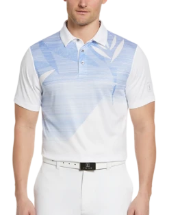 PGA Tour Classic Fit Printed Polo, White Asymmetric Tropical
