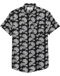 Report Collection Modern Fit Four-Way Stretch Short Sleeve Sport Shirt, Black Palm Leaf