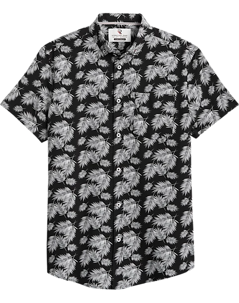 Report Collection Modern Fit Four-Way Stretch Short Sleeve Sport Shirt, Black Palm Leaf 1 Report Collection Modern Fit Four-Way Stretch Short Sleeve Sport Shirt, Black Palm Leaf