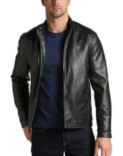 Michael Strahan Modern Fit Bomber Jacket, Brown Faux Lambskin