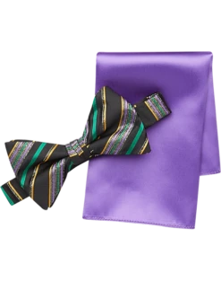 Pronto Uomo Green & Purple Stripe Bow Tie & Pocket Square Set