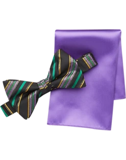 Pronto Uomo Gold & Purple Grid Bow Tie & Pocket Square Set