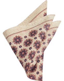 Joseph Abboud Linen Pocket Square, Beige & Blue Medallion